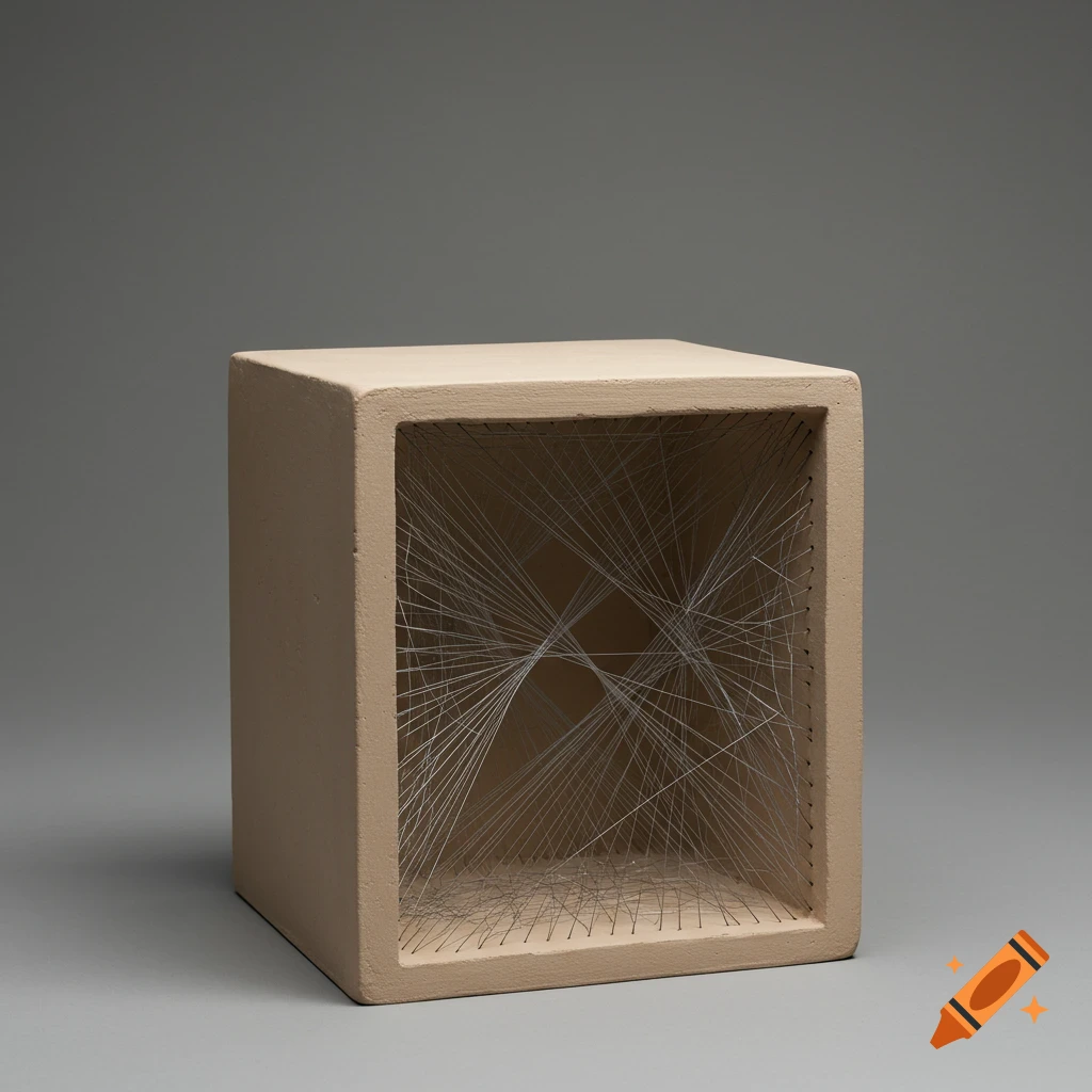 An abstract sculpture of a beige cube with a complex web of white strings stretched inside, set against a grey background.