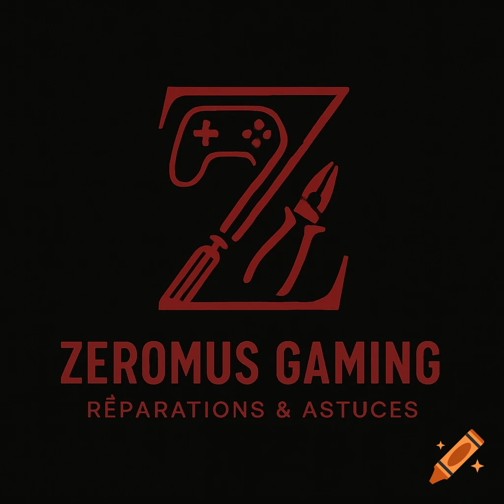 Minimalist red 'Z' logo with integrated game controller, screwdriver, and pliers on a black background, with 'ZEROMUS GAMING RÉPARATIONS & ASTUCES' text below.