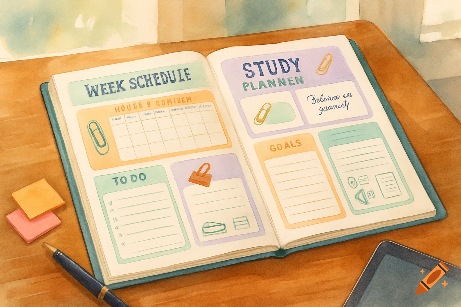 An open study planner in a watercolor style on a wooden desk, showing weekly schedule, to-do lists, study plans, and goals. A pen, sticky notes, and a tablet are also on the desk.