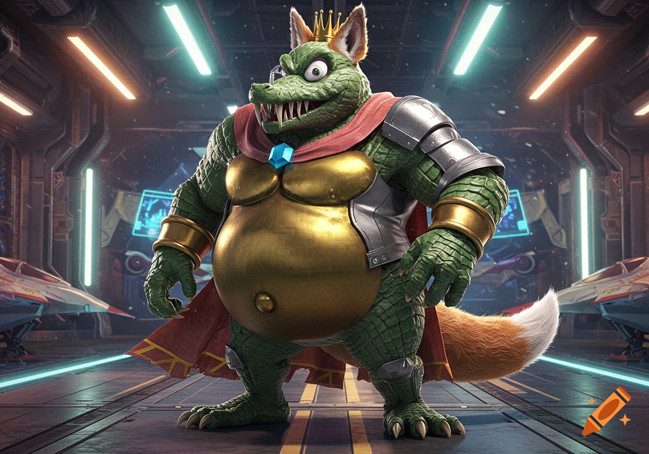 A King K. Rool and Fox McCloud hybrid character, a muscular green crocodile with fox ears and tail, wearing gold and silver armor and a red cape, stands in a futuristic spaceship hangar in detailed digital concept art.