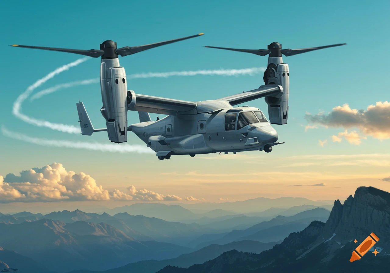 A V-22 Osprey tiltrotor aircraft flies over blue mountains against a clear sky, with a white contrail behind it.