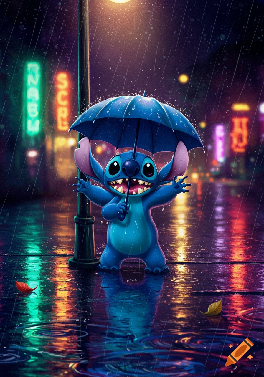 Stitch, a blue alien character, gleefully holds a blue umbrella while standing on a wet street with colorful neon reflections in the rain.