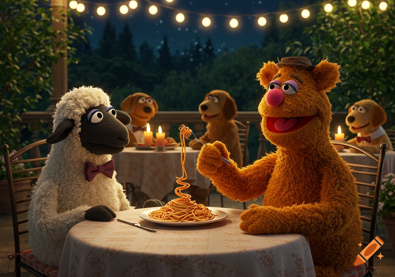 Fozzie Bear eats spaghetti on a patio date with a sheep muppet, while two dog muppets dine at another table under string lights at night.