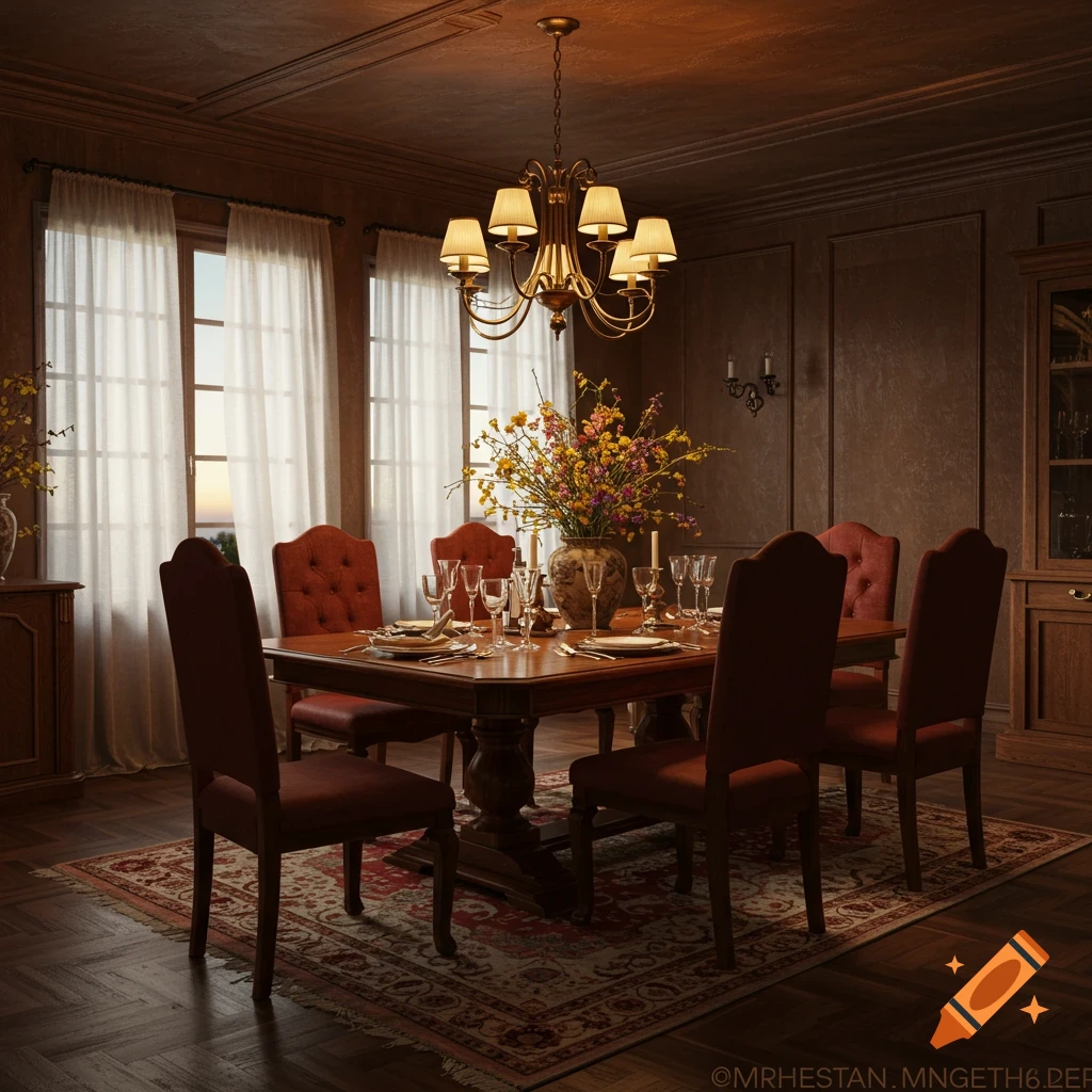 A photorealistic image of a formal dining room with a large wooden table set for six, a chandelier, and bright windows.