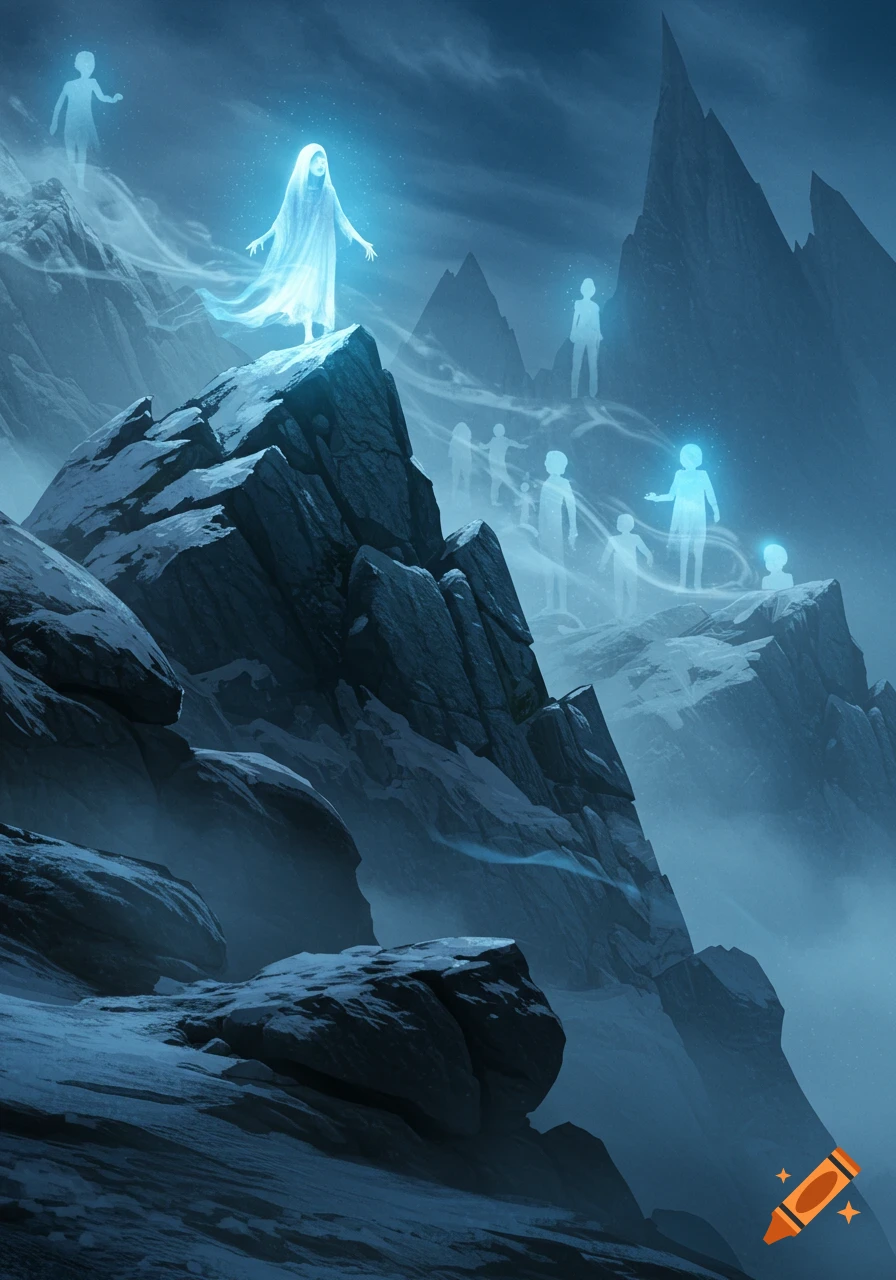 Glowing ghost figures float among snow-dusted, jagged mountains under a dark, mystical sky.