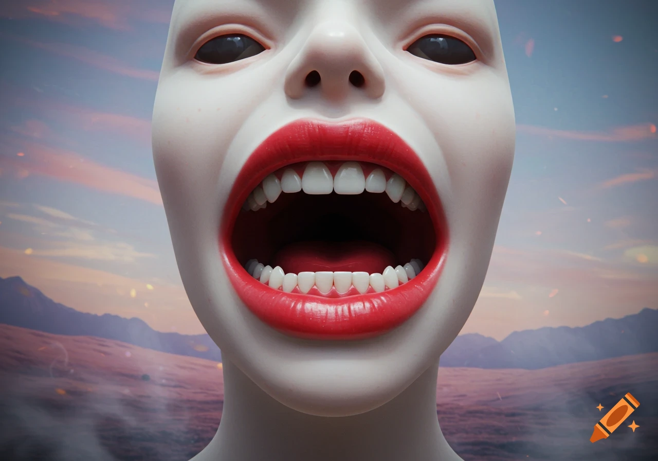 Close-up of a stylized, pale face with wide-open red lips revealing perfect white teeth and completely black eyes, set against a blurry sunset sky.