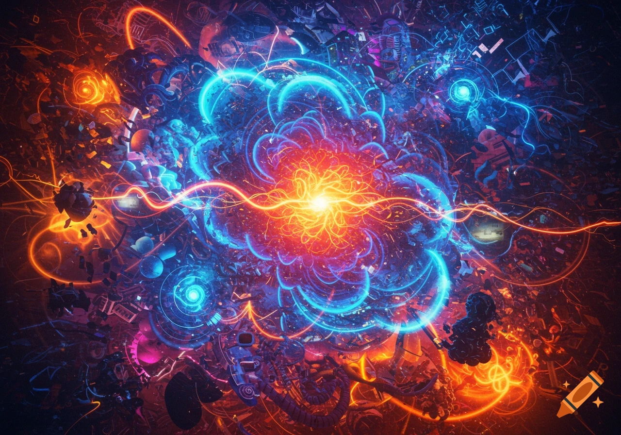 A vibrant abstract digital art piece with a central glowing energy core, surrounded by swirling neon blue and red lights and fragmented objects.