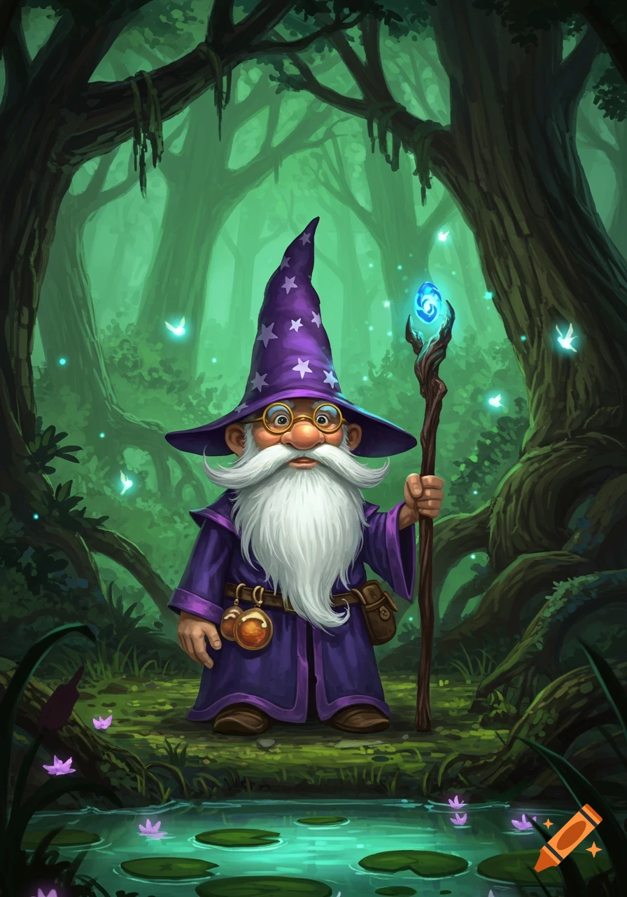 A cute gnome wizard with a long white beard, round glasses, and a purple starry hat holds a glowing staff in a magical green forest.