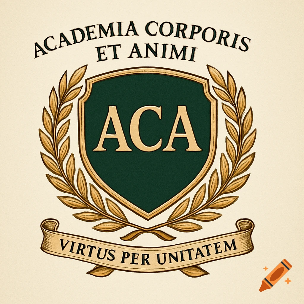 A formal crest with a dark green shield, gold laurel wreath, and gold banner. The shield features 'ACA'. Text above reads 'ACADEMIA CORPORIS ET ANIMIS' and the banner reads 'VIRTUS PER UNITATEM'.