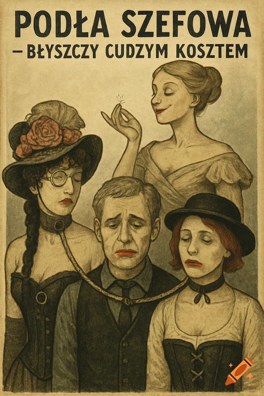 Vintage poster illustration of a smiling woman holding a leash around the necks of a sad man and two women. Text: "Wicked Boss - Shines at Others' Expense".