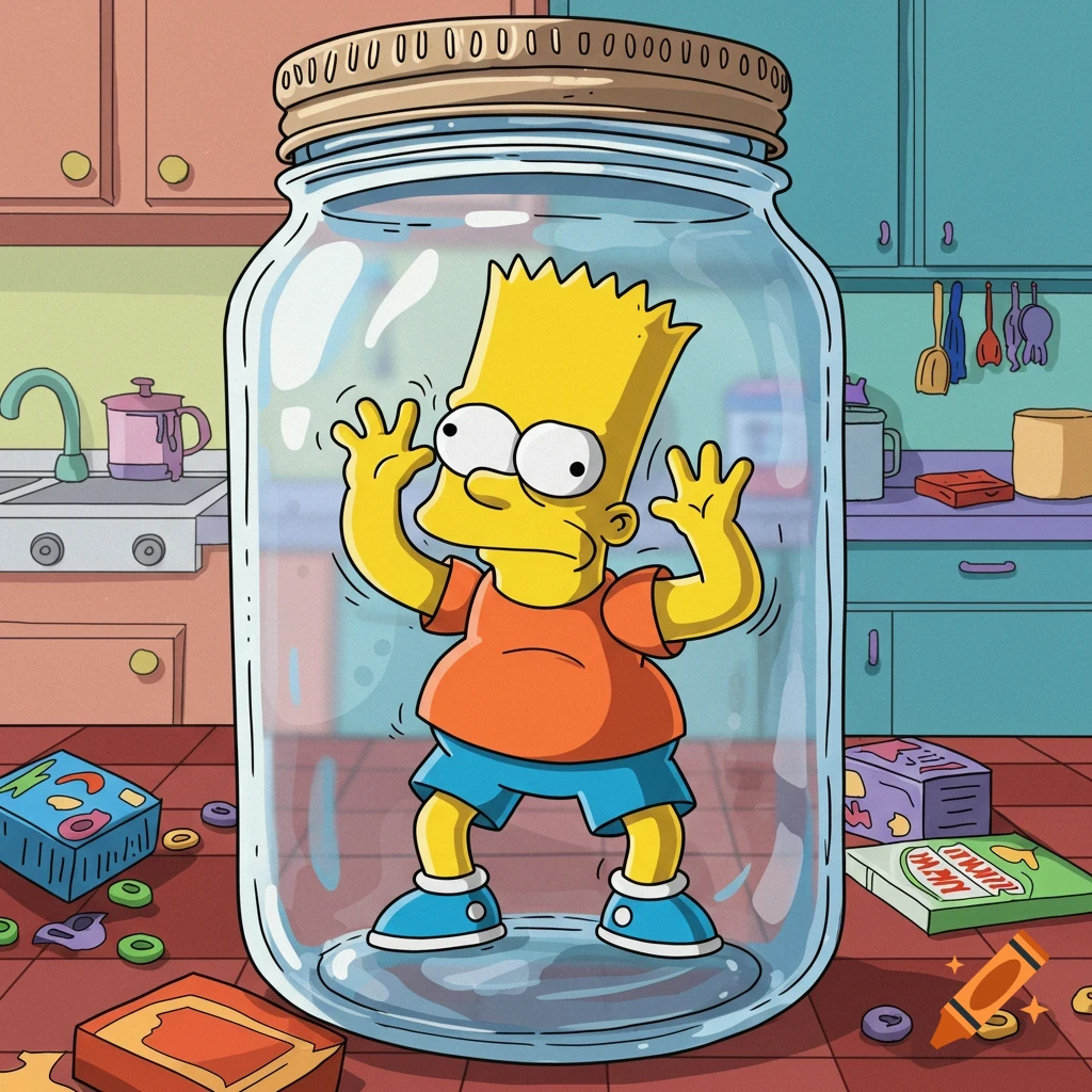Bart Simpson is trapped inside a large glass jar in a cartoon kitchen, with colorful cereal boxes scattered on the floor.