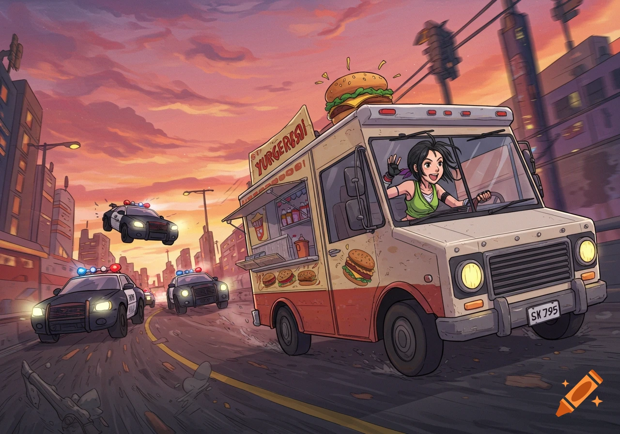 Cartoon Yuffie Kisaragi drives a food truck, being chased by police cars at sunset.