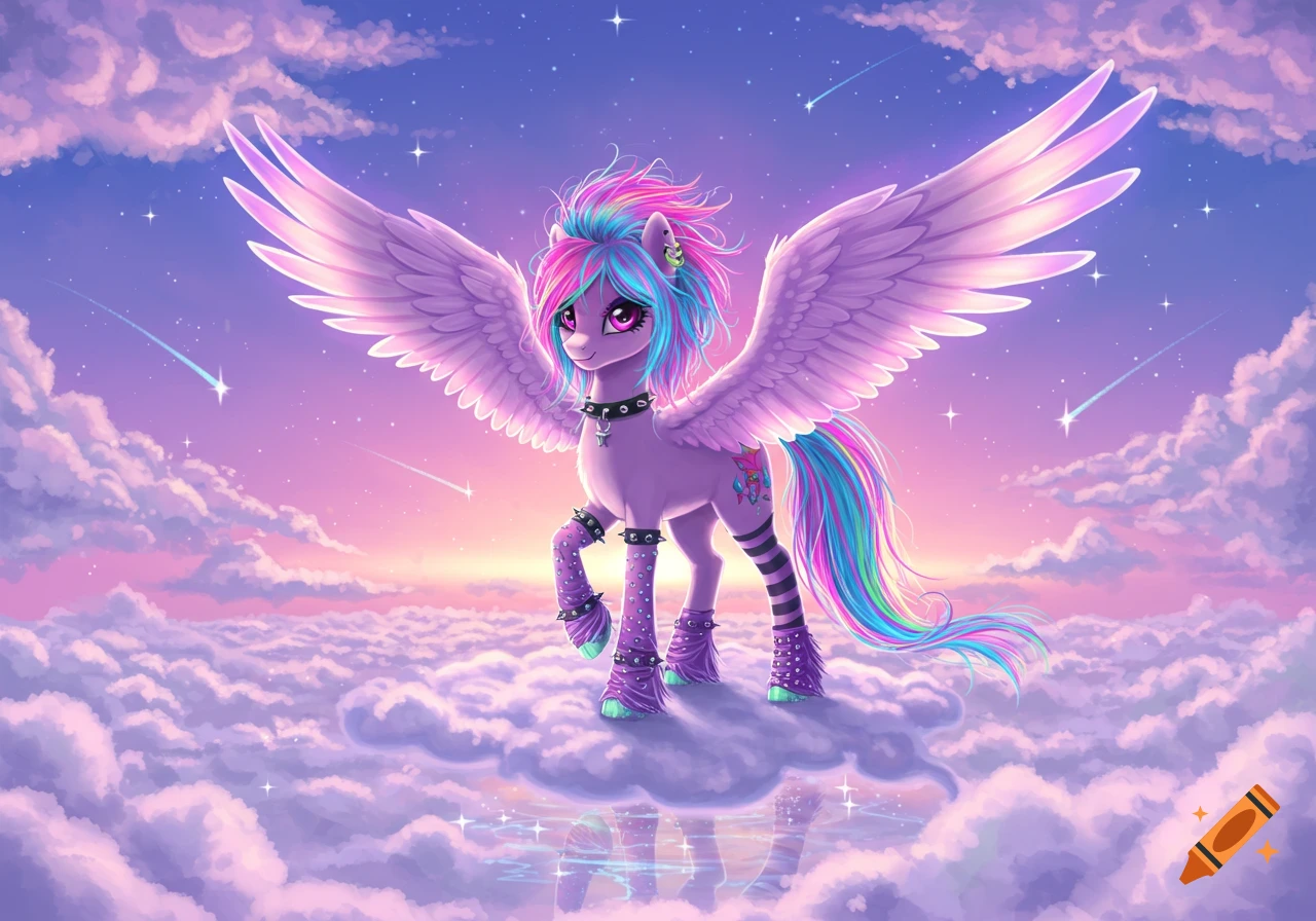A colorful, scenecore-styled lavender Pegasus with multi-colored hair and studded accessories stands on a cloud in a starry pastel sky.