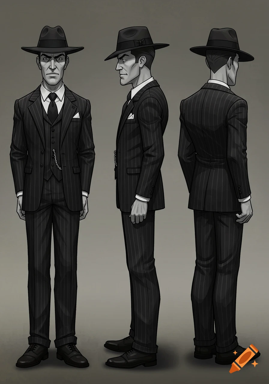 Animated gangster turnaround sheet showing a man in a pinstripe suit and fedora from front, side, and back views.