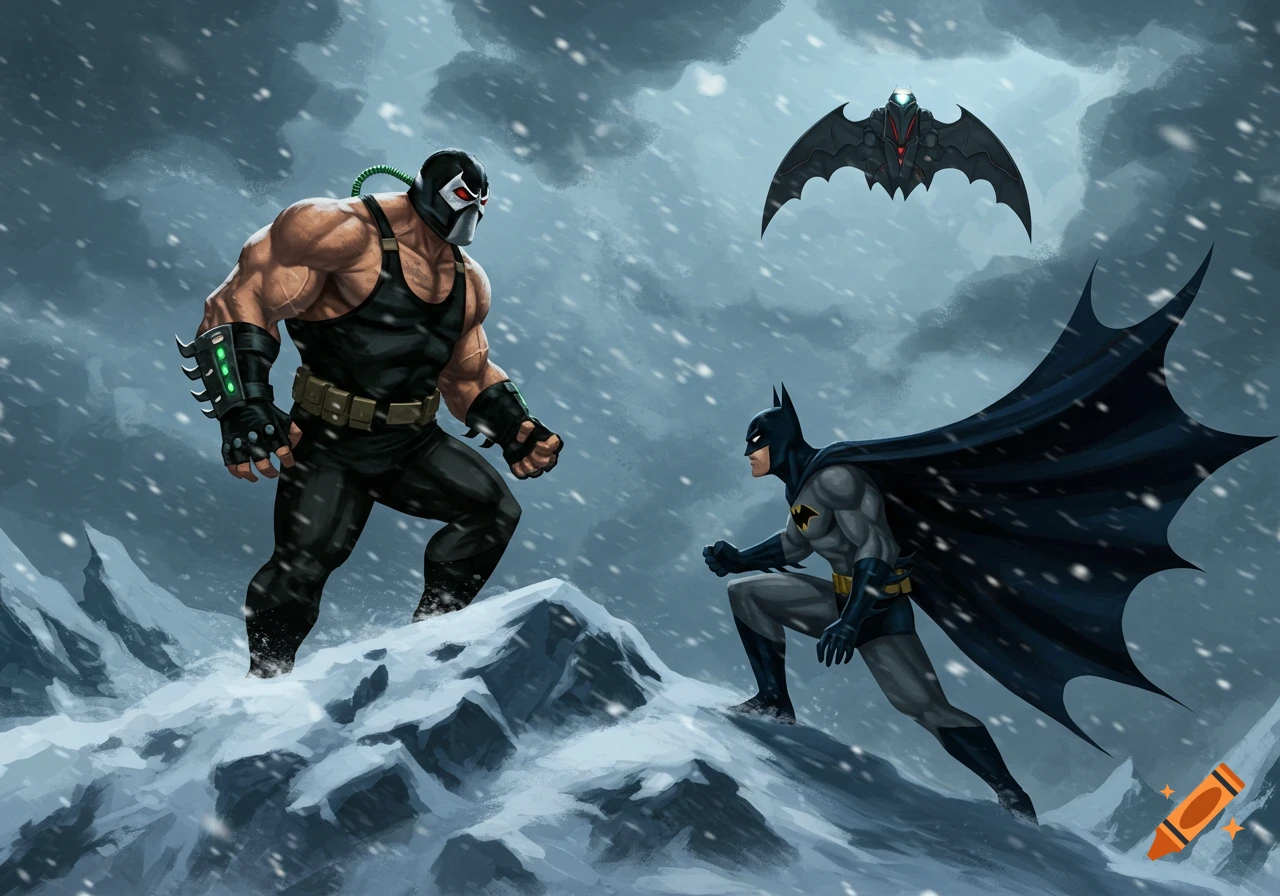 Bane and Batman prepare to fight on a snowy mountain as the Batwing flies in a stormy sky, 90s animated style.