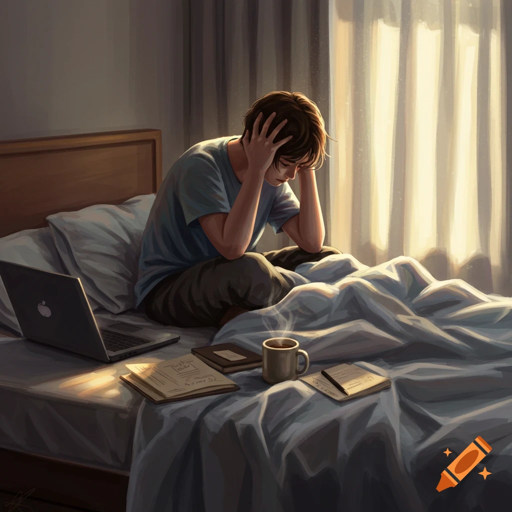 A young person with brown hair sits on a bed, holding their head in frustration next to a laptop, books, and a cup of coffee. Sunlight streams from a window.