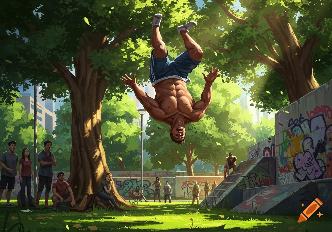 A muscular man in shorts does a backflip in a park, surrounded by trees and other people, with a graffiti-covered wall to the right.