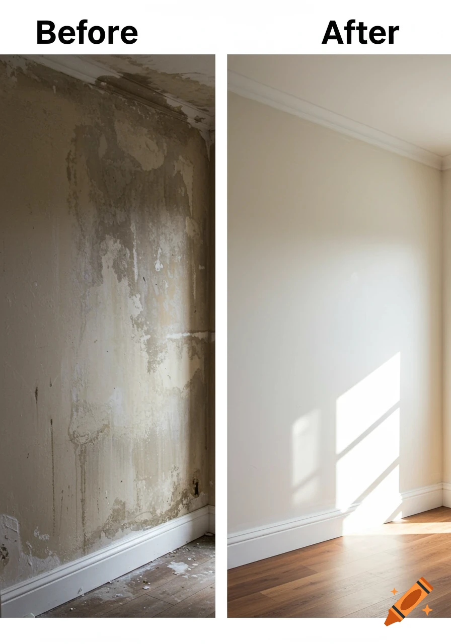 A split image shows a 'Before' wall with damp damage and peeling paint next to an 'After' wall that is clean, freshly painted, with wood floors and sunlight.