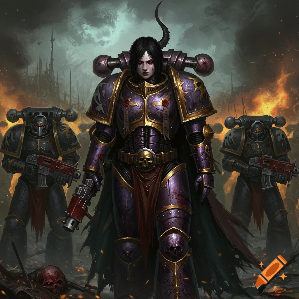 A dark-haired female Chaos Marine in ornate purple and gold power armor stands on a burning battlefield with other Space Marines.