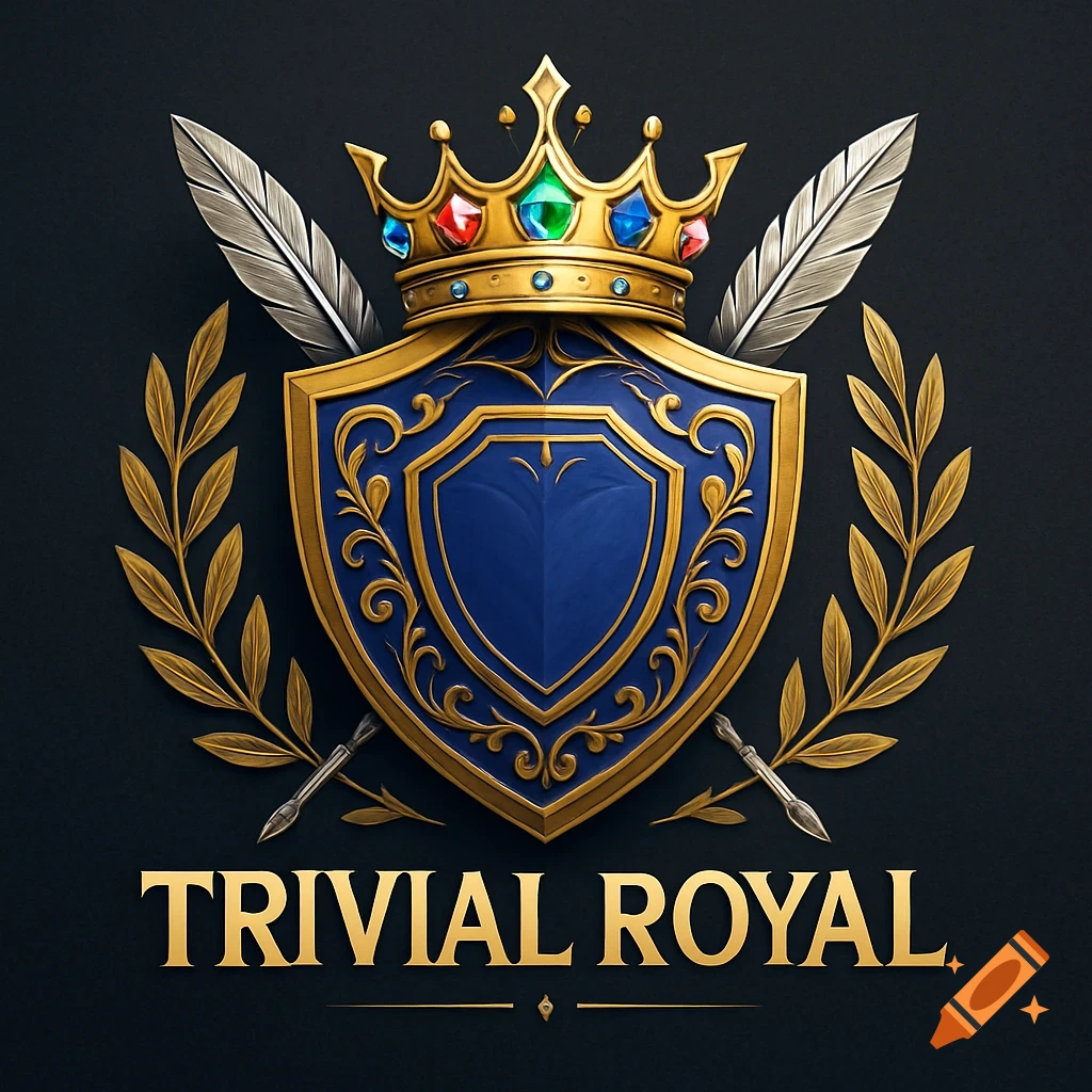 A regal blue and gold emblem featuring a jeweled crown, shield, feathers, and laurel wreath with 'TRIVIAL ROYAL' text.