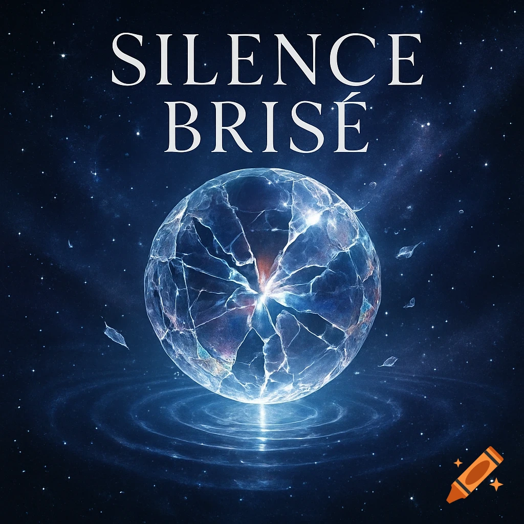 A cosmic album cover with a glowing, shattered orb surrounded by blue energy rings against a starry dark blue space background, with 'SILENCE BRISÉ' in white text.