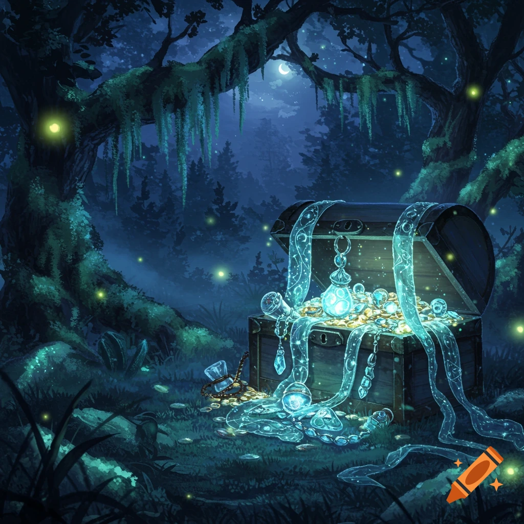 An open treasure chest spills gold and glowing blue gems in a dark, mystical forest lit by fireflies and a crescent moon.