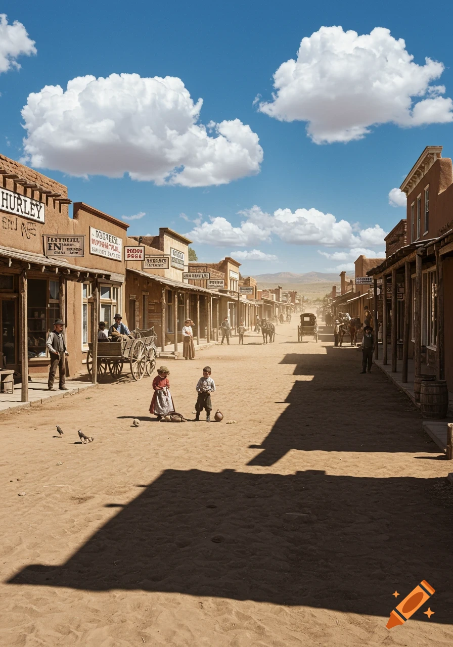 A busy, sun-drenched street in an Old West town, with wooden buildings lining a dirt road, people in period clothing, and a horse-drawn wagon. Two children play in the foreground.