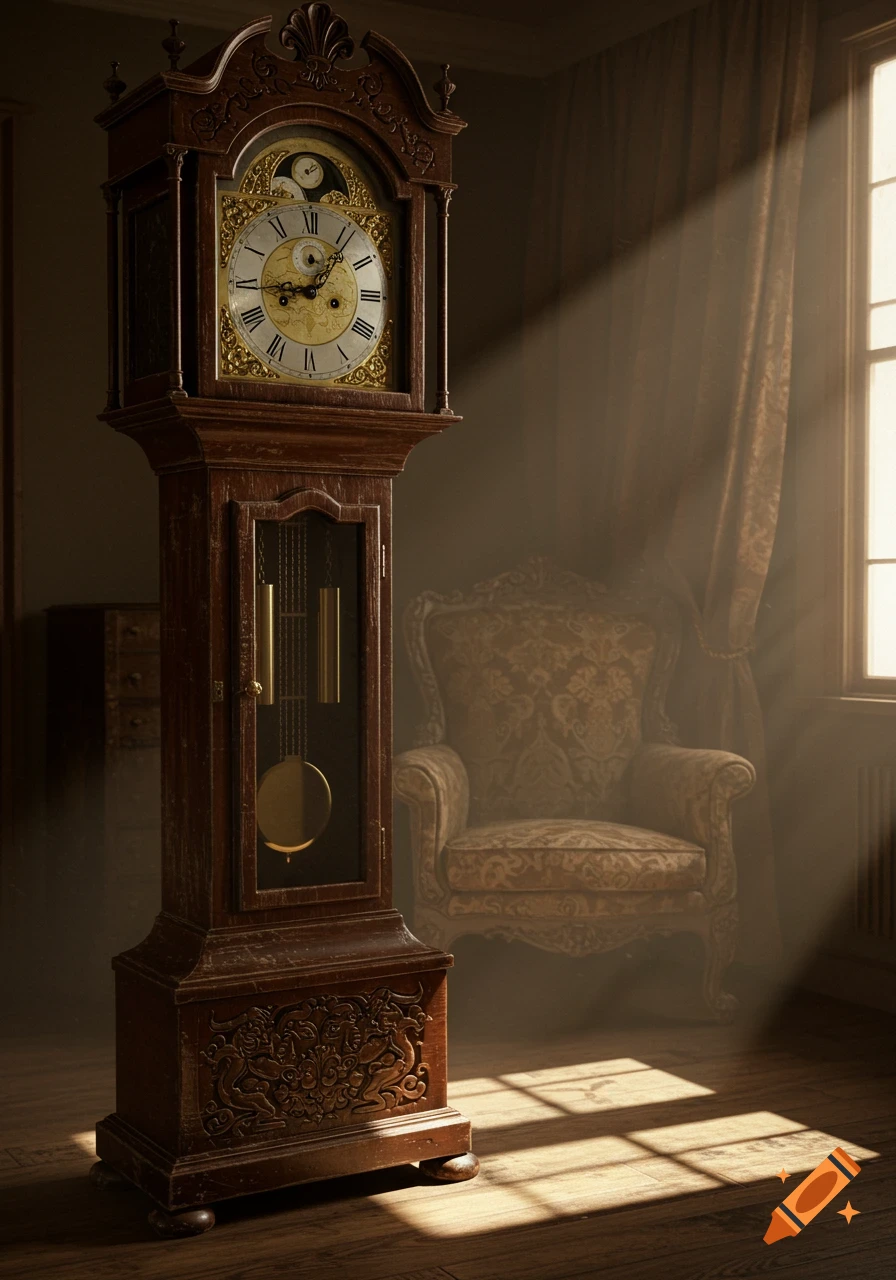 An ornate wooden grandfather clock stands in a sunlit room next to a patterned armchair and a window.