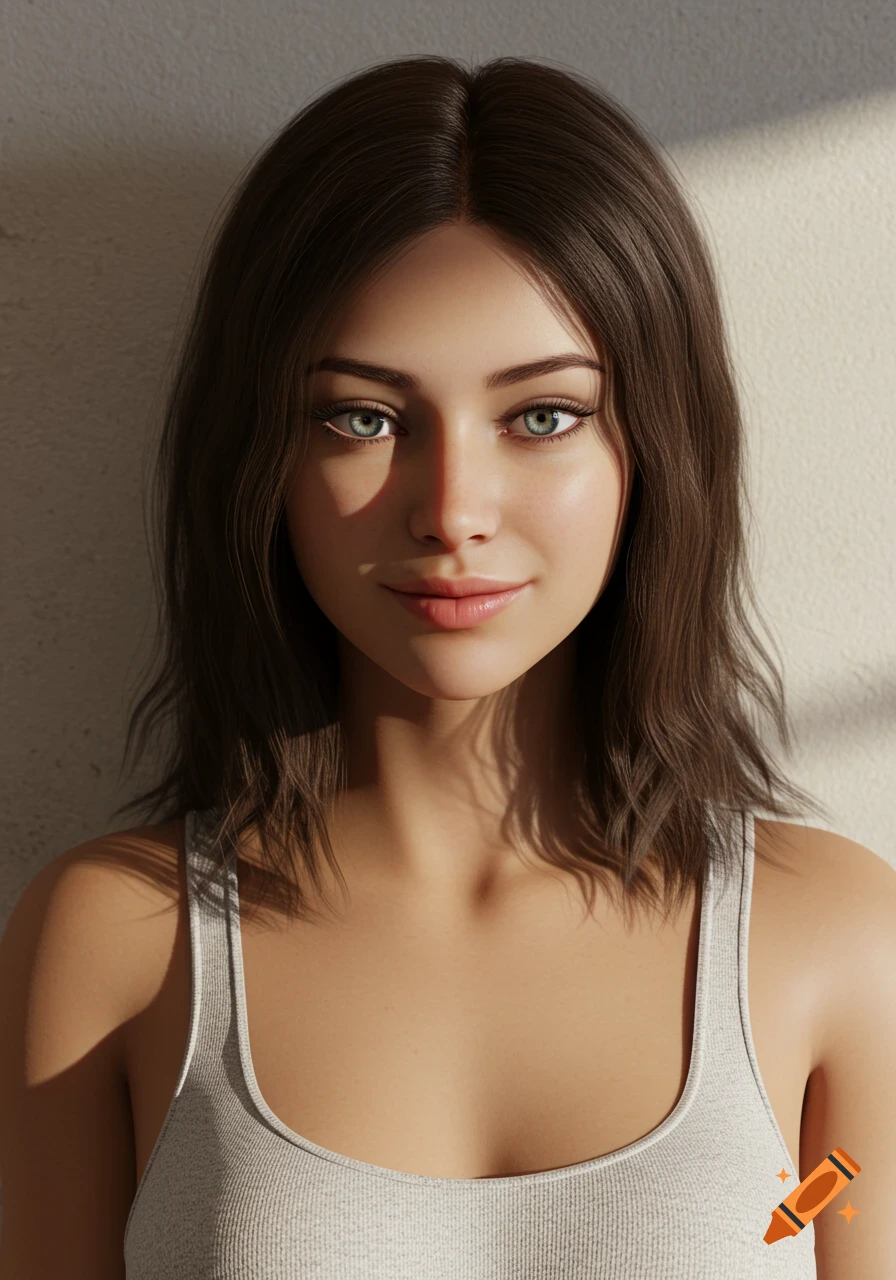 A photorealistic portrait of a smiling young woman with brown hair and green eyes, illuminated by sunlight.