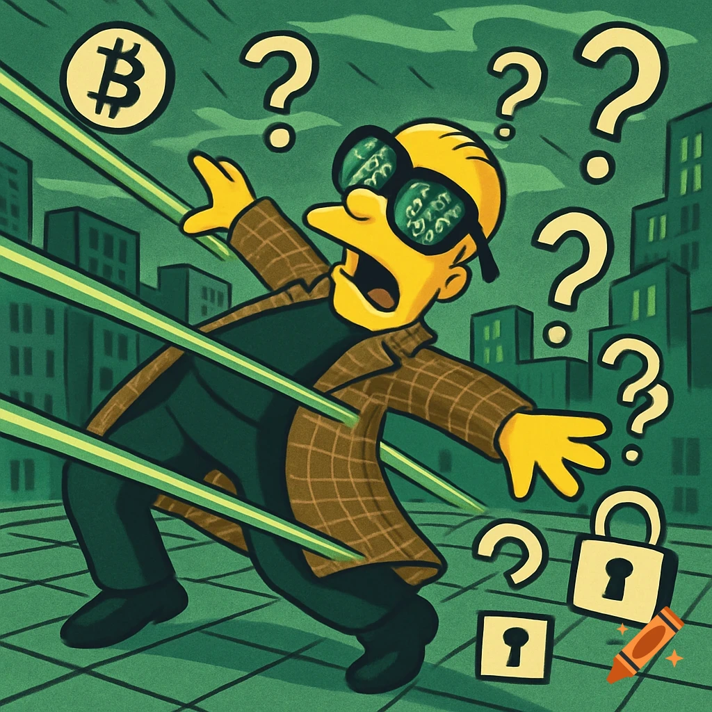 A Simpson-esque cartoon character in a brown plaid coat and dark sunglasses, surrounded by question marks, a Bitcoin symbol, and lock symbols, in a green city scape.