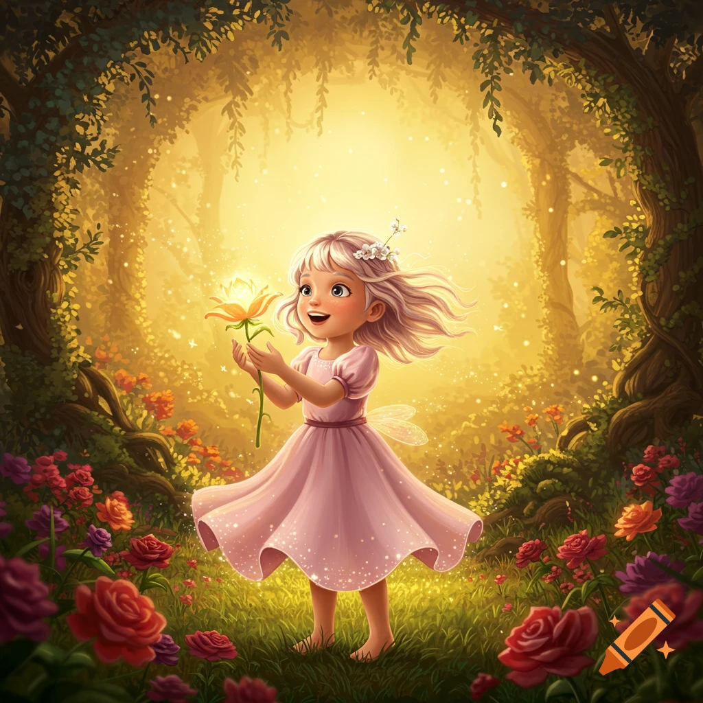 A happy fantasy girl in a pink dress holding a glowing magical flower in a sparkling enchanted forest with roses.