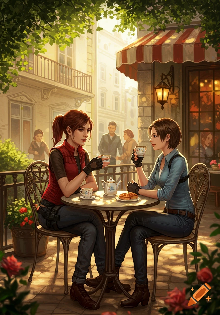 Claire Redfield and Jill Valentine from Resident Evil having coffee together at an outdoor European-style cafe in digital art style.