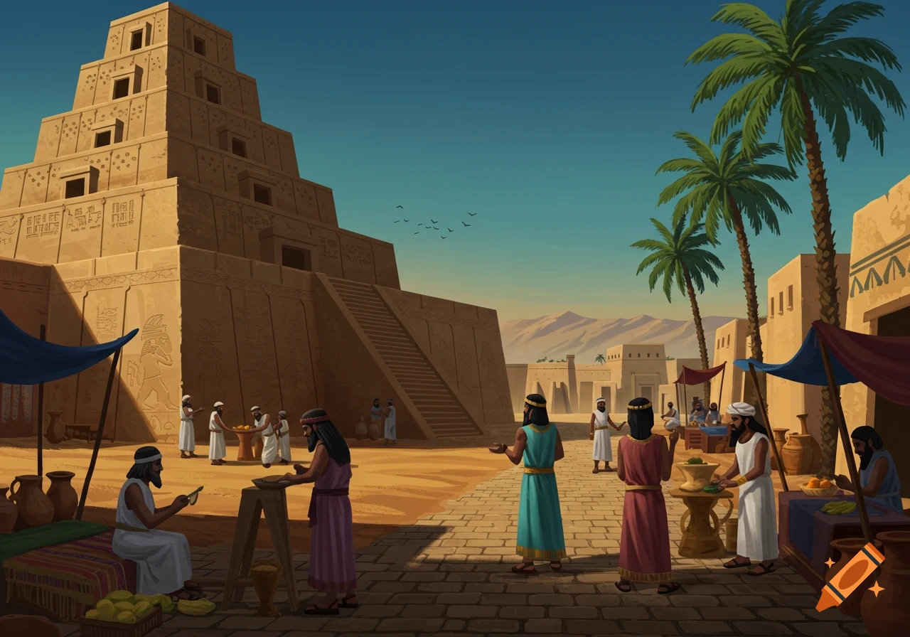 An animated illustration of an ancient Mesopotamian city with a large ziggurat, people, market stalls, and palm trees under a blue sky.