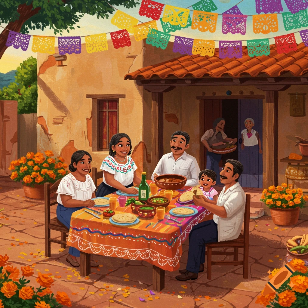 An illustrated Mexican family enjoys a meal at a decorated outdoor table in a courtyard under colorful papel picado banners.