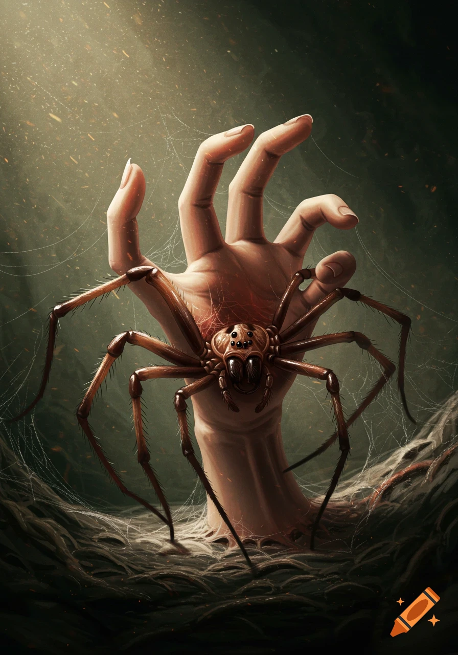 A human hand transforms into a large brown spider, emerging from a dark, webbed environment with light shining from above, in a horror fantasy style.