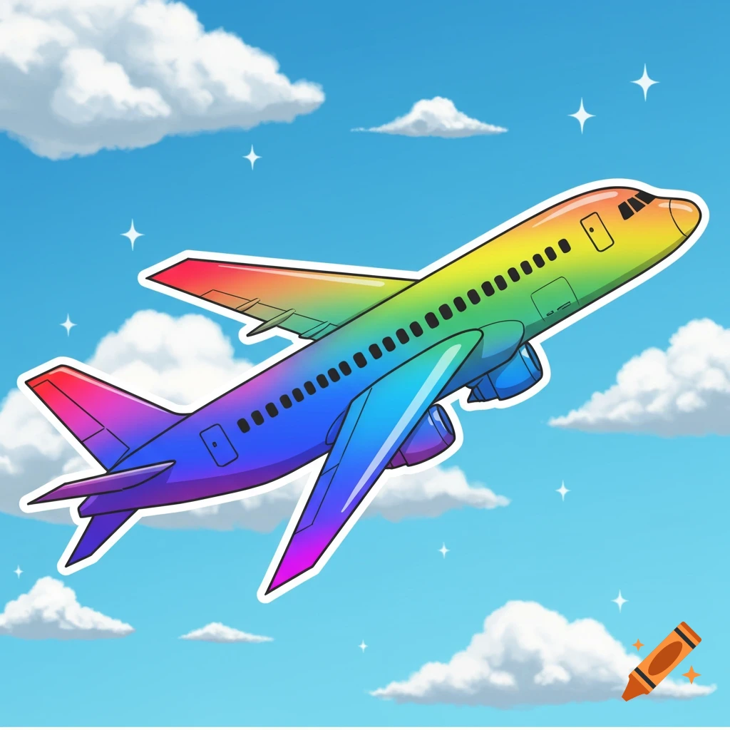 A vibrant cartoon rainbow airplane flies upward against a bright blue sky with fluffy white clouds and sparkling stars.