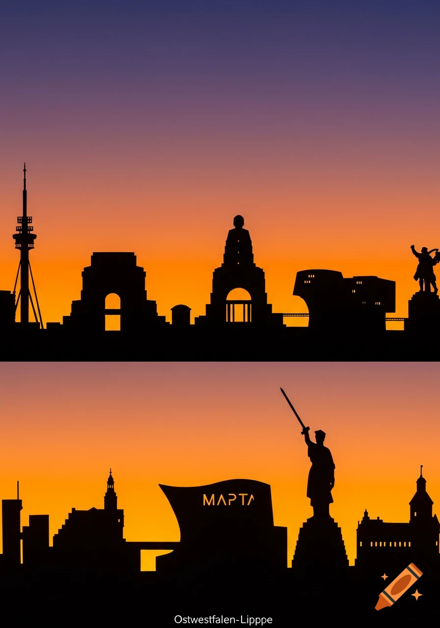 A stylized silhouette skyline of Ostwestfalen-Lippe against a gradient sunset sky, featuring several landmarks including monuments, towers, and buildings.