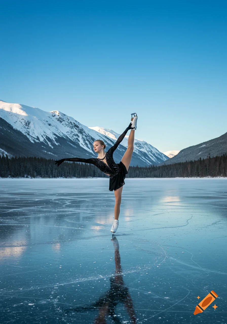 Female figure skater in a black outfit performing a split on a frozen lake, with snowy mountains and pine trees under a blue sky, photorealistic.