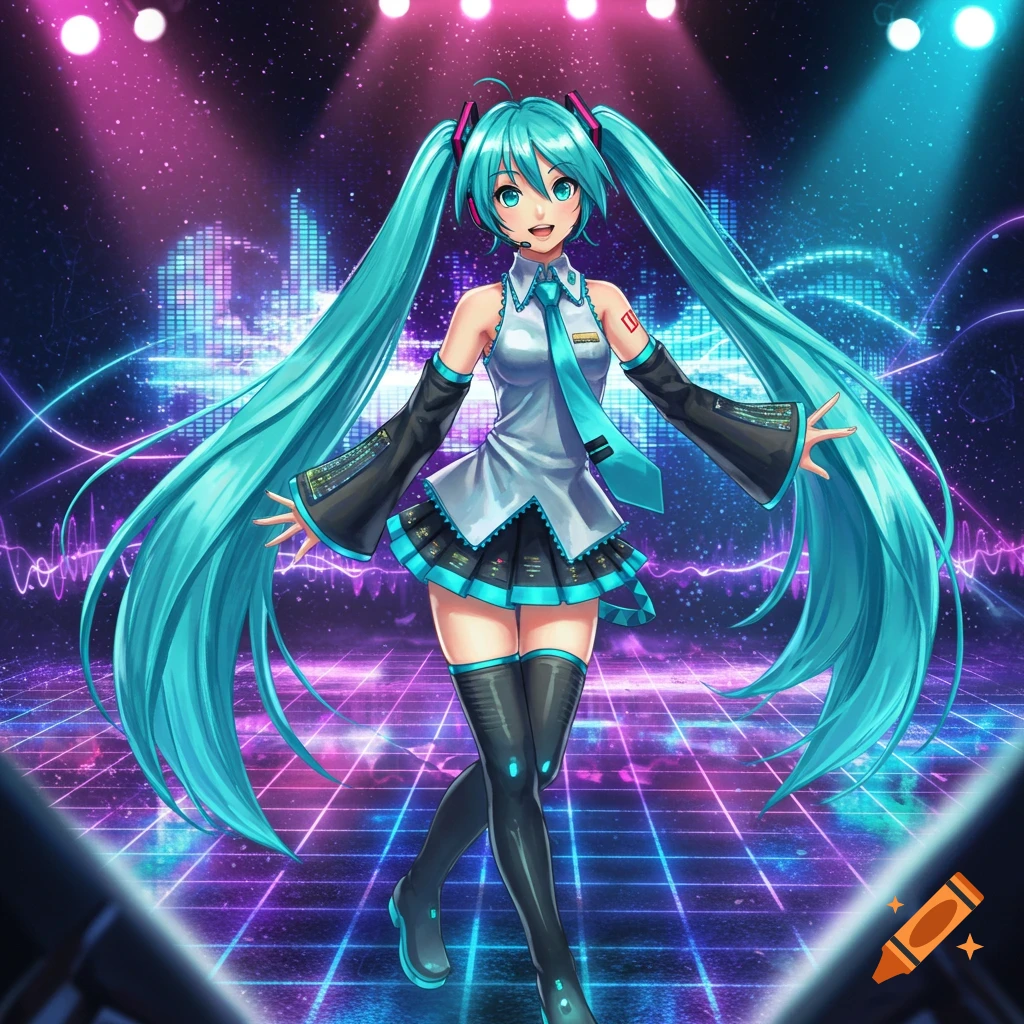 Hatsune Miku, an anime girl with long turquoise pigtails, smiles on a neon futuristic stage with glowing patterns.