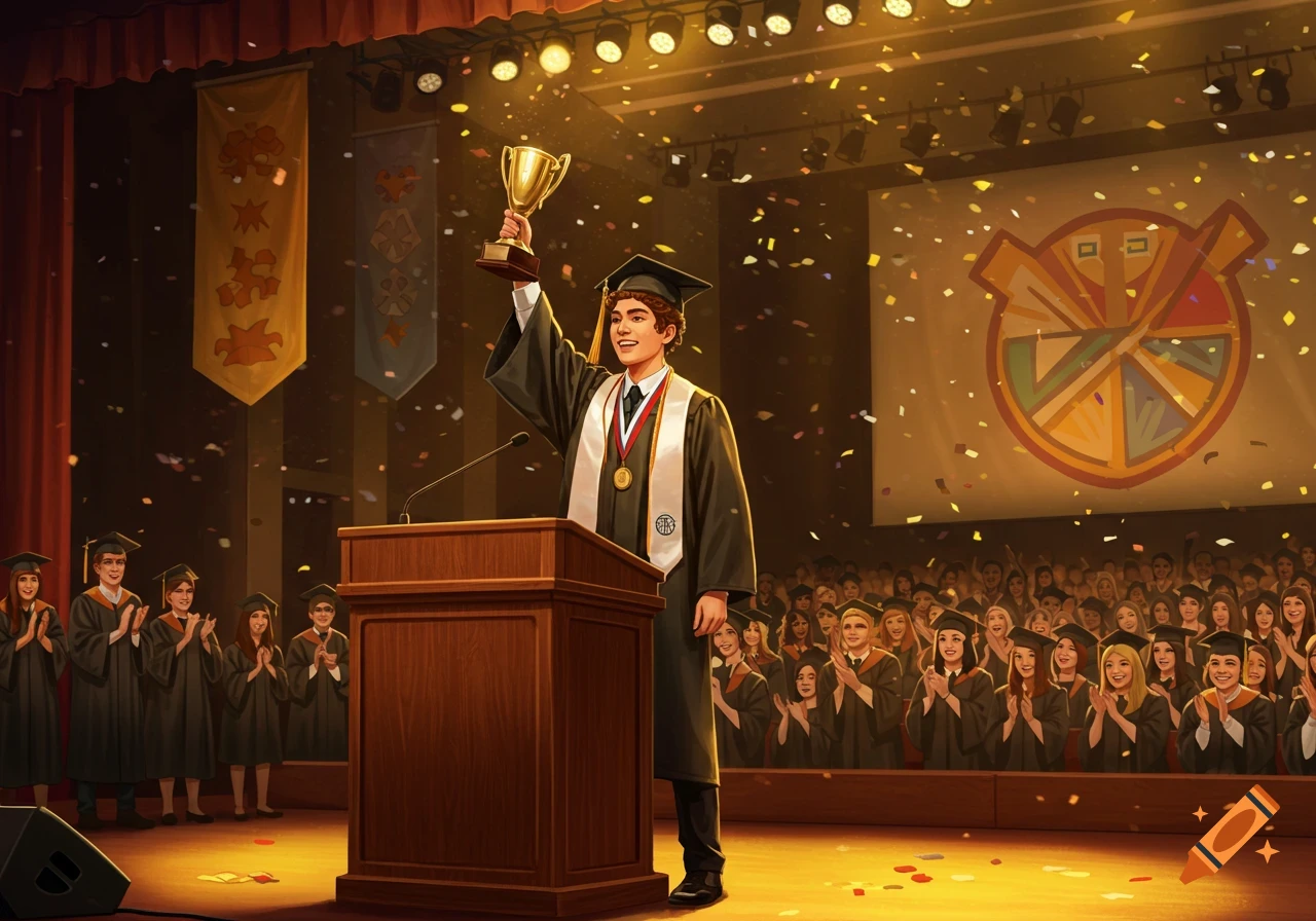 Smiling student in graduation gown holds a golden trophy on stage, showered in confetti, with applauding audience.