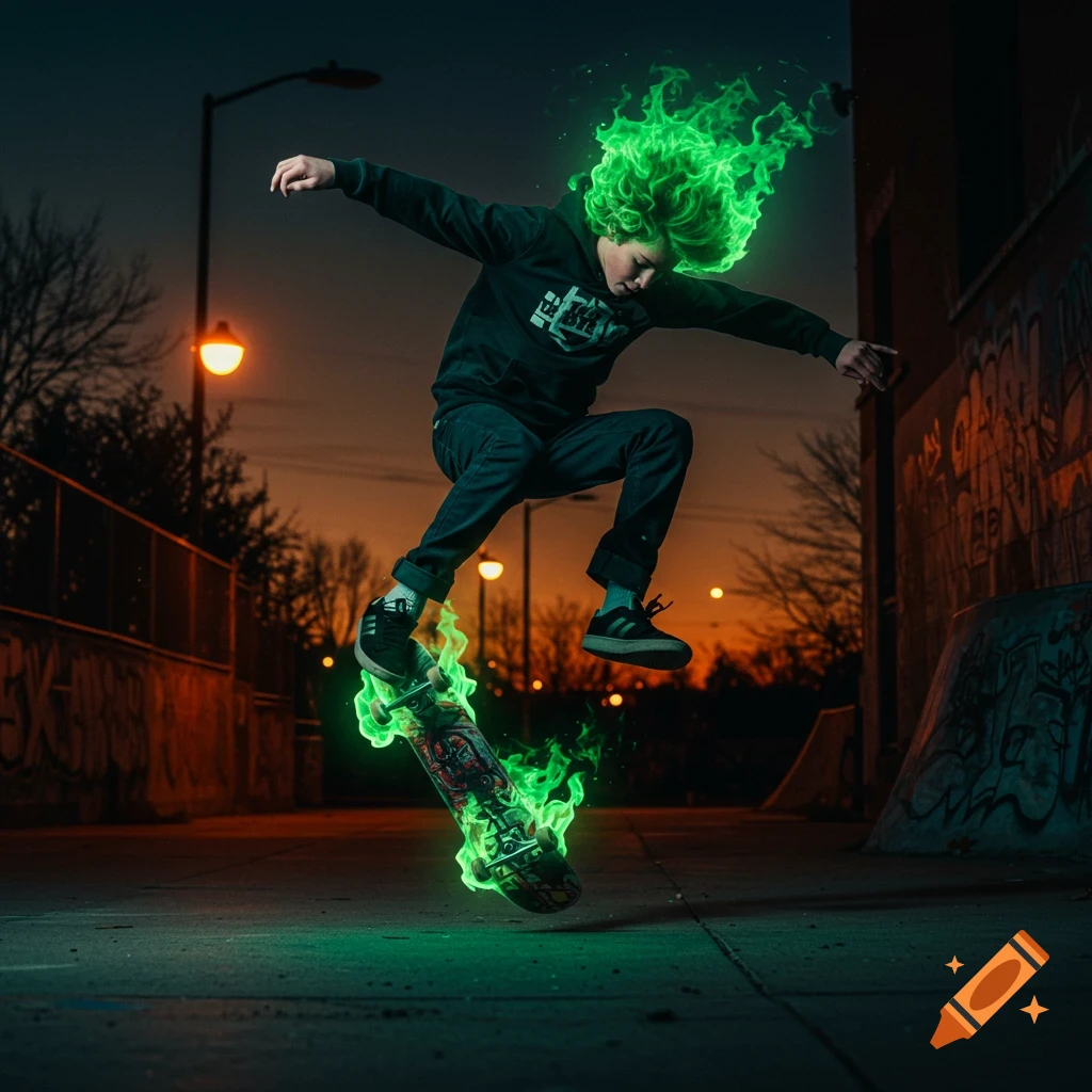 A teenage boy mid-air on a skateboard, his hair and the skateboard wheels engulfed in bright green flames. He's dressed in street wear in an urban skatepark at sunset, with streetlights glowing in the background.