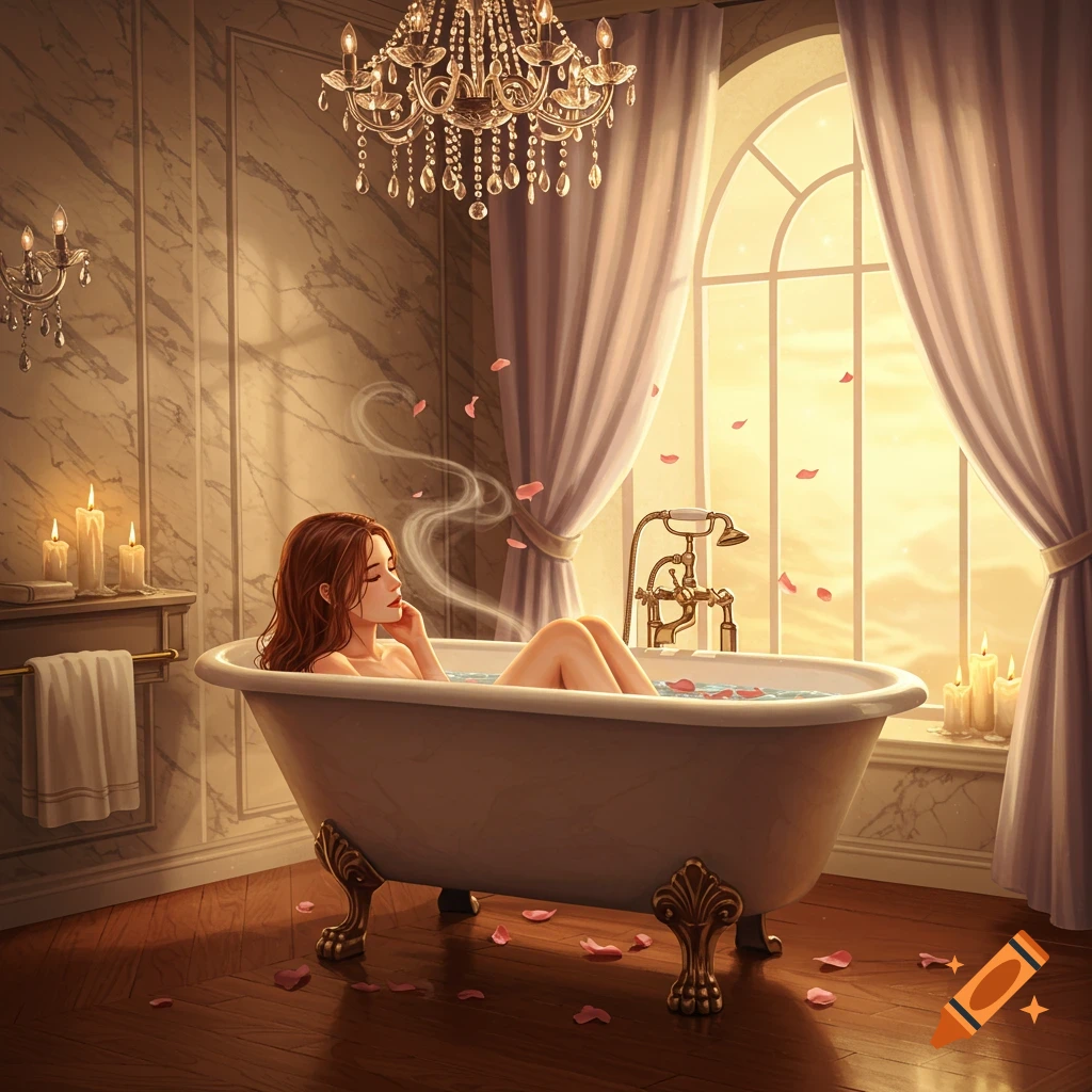 A young woman soaks in a luxurious bathtub with rose petals and steam, bathed in warm light from a large window at sunset.