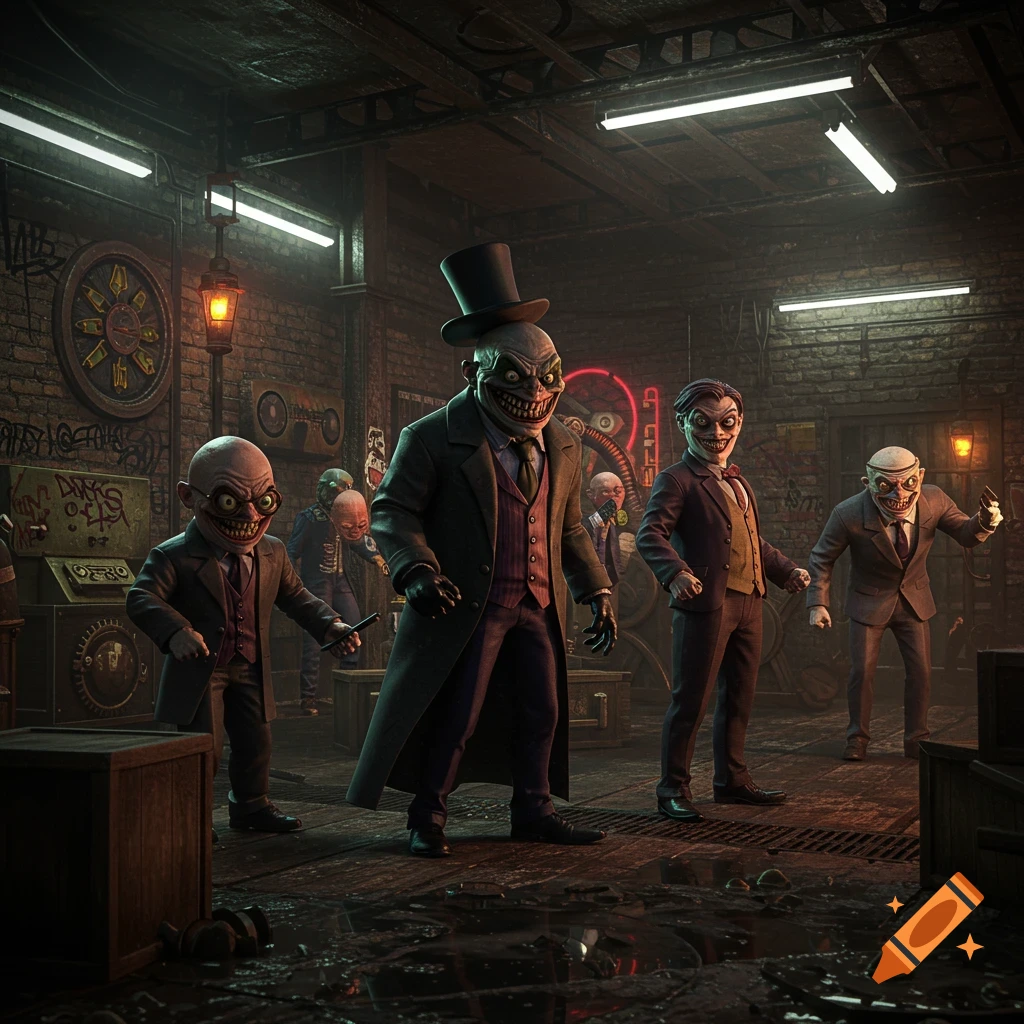 A group of grotesque, stylized villains with exaggerated smiles and large eyes, dressed in suits and top hats, stand in a dimly lit, grungy room with brick walls and industrial elements, in a video game style.