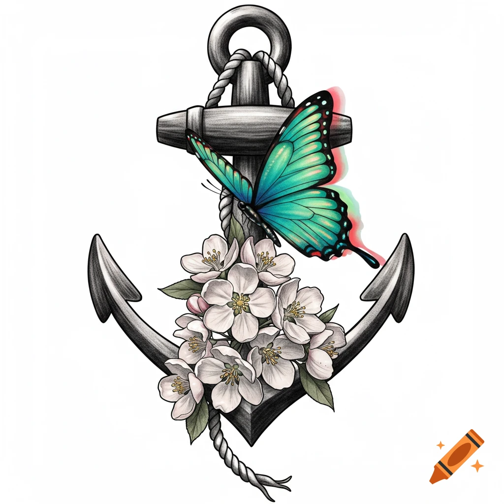 A stylized illustration of a grey anchor adorned with white apple blossoms and a vibrant teal butterfly, featuring a subtle chromatic aberration effect.