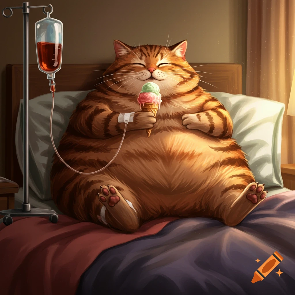 A chubby, happy tabby cat in bed with an IV drip, eating a two-scoop ...