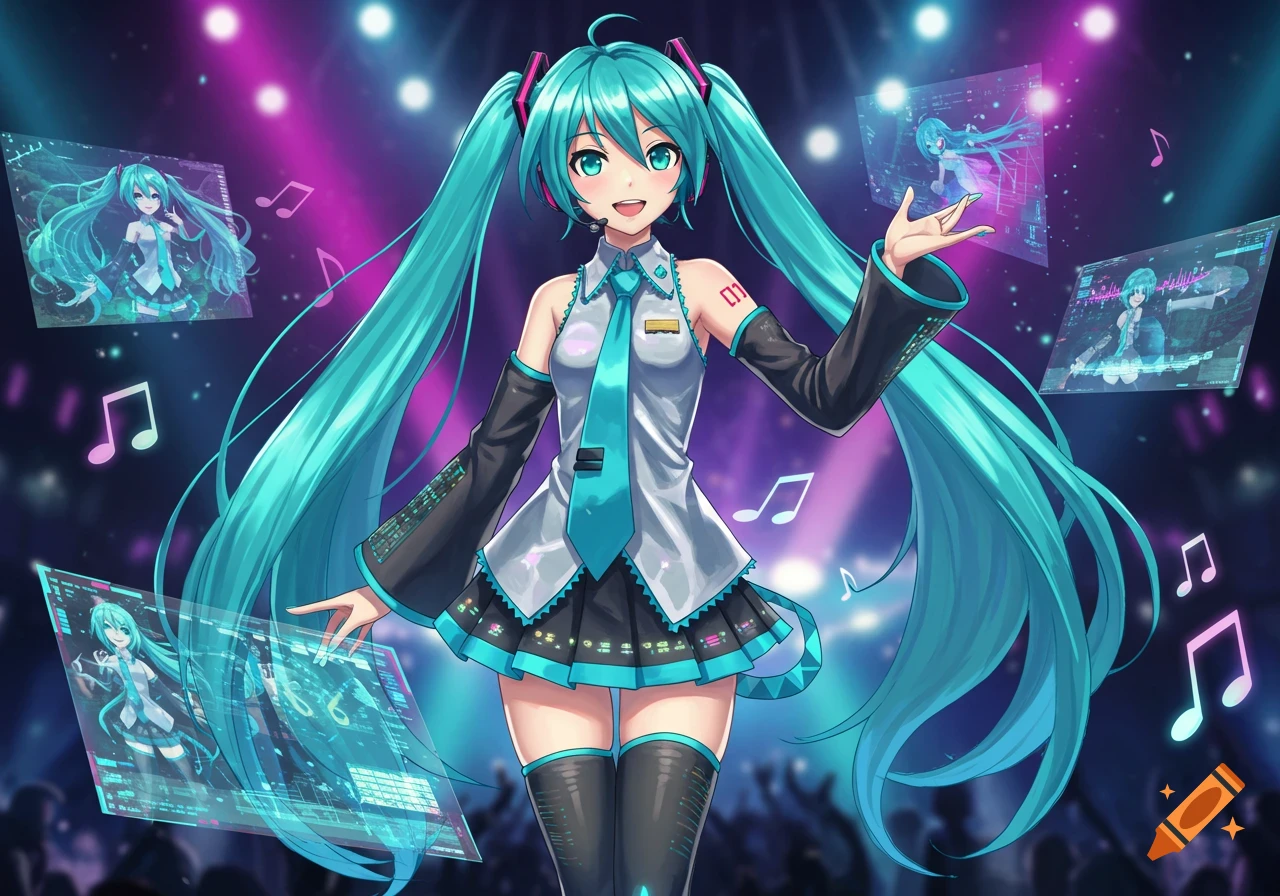 Hatsune Miku, an anime character with long turquoise pigtails, smiles and gestures on a vibrant purple and pink concert stage with glowing musical notes and holographic screens.