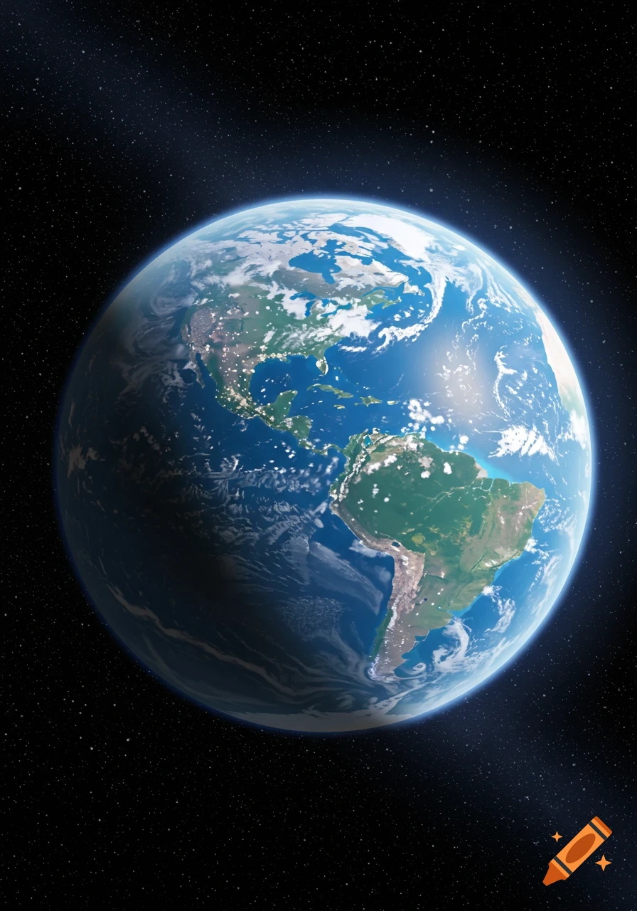 A photorealistic depiction of Earth from space, showing continents, clouds, and city lights on the night side, against a star-filled background.