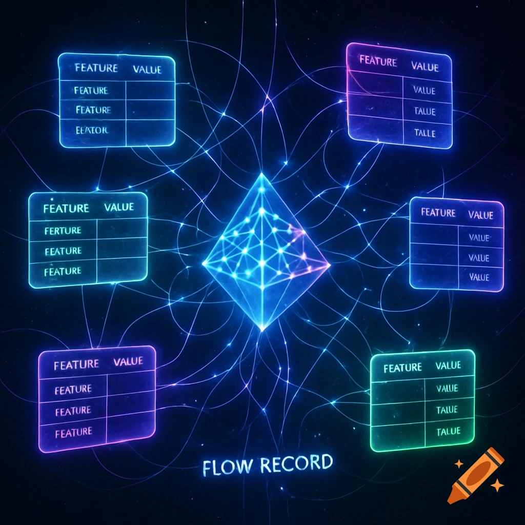 An abstract digital representation with a glowing blue diamond in the center, surrounded by six colorful glowing data tables. All elements are interconnected by light lines and dots on a dark background. The text 'FLOW RECORD' appears at the bottom.