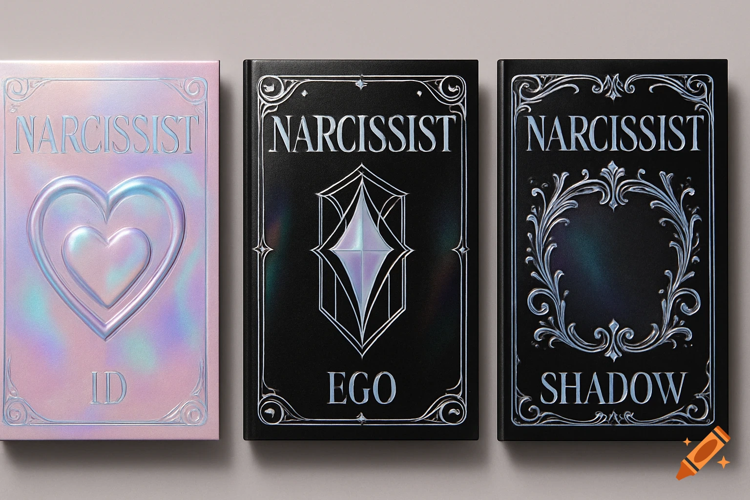 Three iridescent K-pop album covers: pink 'NARCISSIST ID' with hearts, black 'NARCISSIST EGO' with a crystal, and black 'NARCISSIST SHADOW' with silver frames.