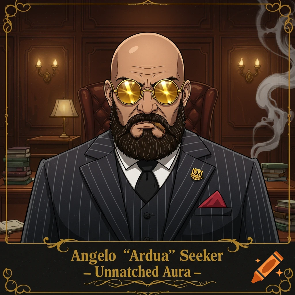 A cartoon portrait of a bald, bearded man with gold round glasses and a cigar, wearing a pinstripe suit, against a dark wood-paneled office background. Below, text reads 'Angelo "Ardua" Seeker - Unmatched Aura'.